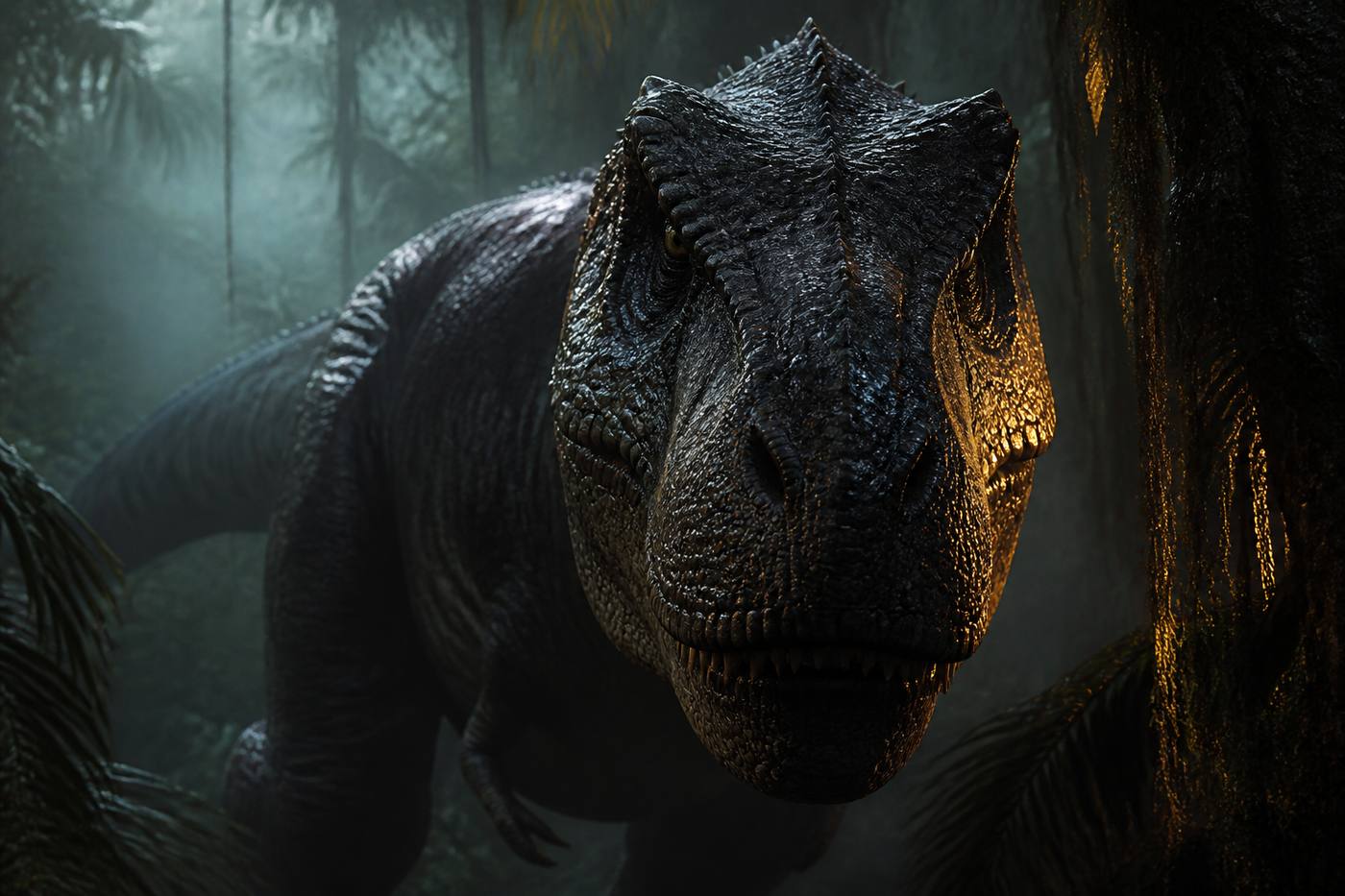 Dinosaur stepping out of fog in dense prehistoric forest