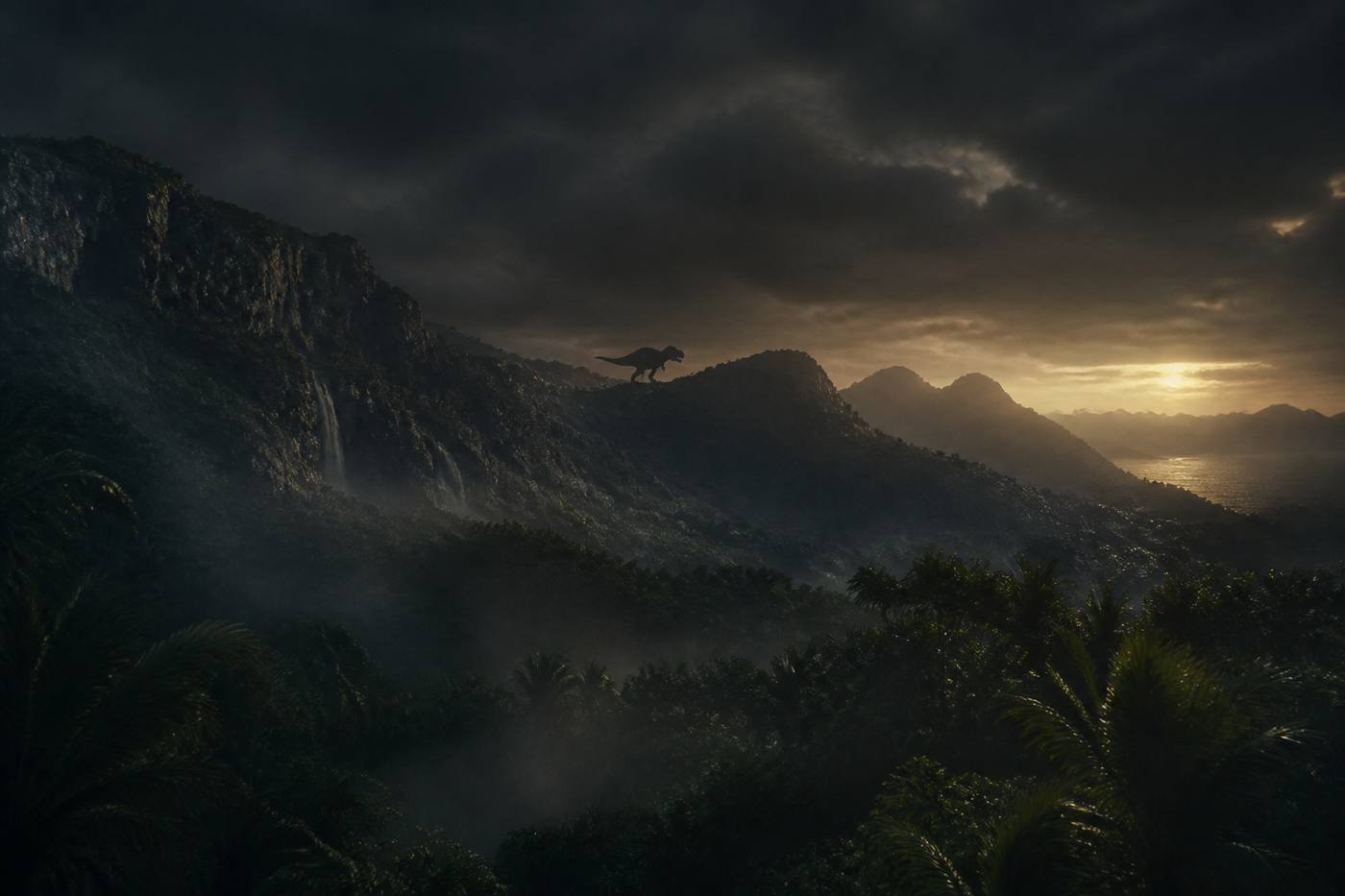 Misty Jurassic ridgeline at dusk on Giant Beast Island